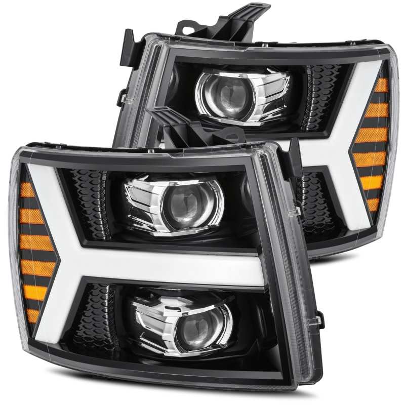AlphaRex 07 - 13 Chevy 1500 LUXX LED Proj Headlights Plank Style Jet Blk w/ Activ Light/Seq Signal/DRL - CPC Performance