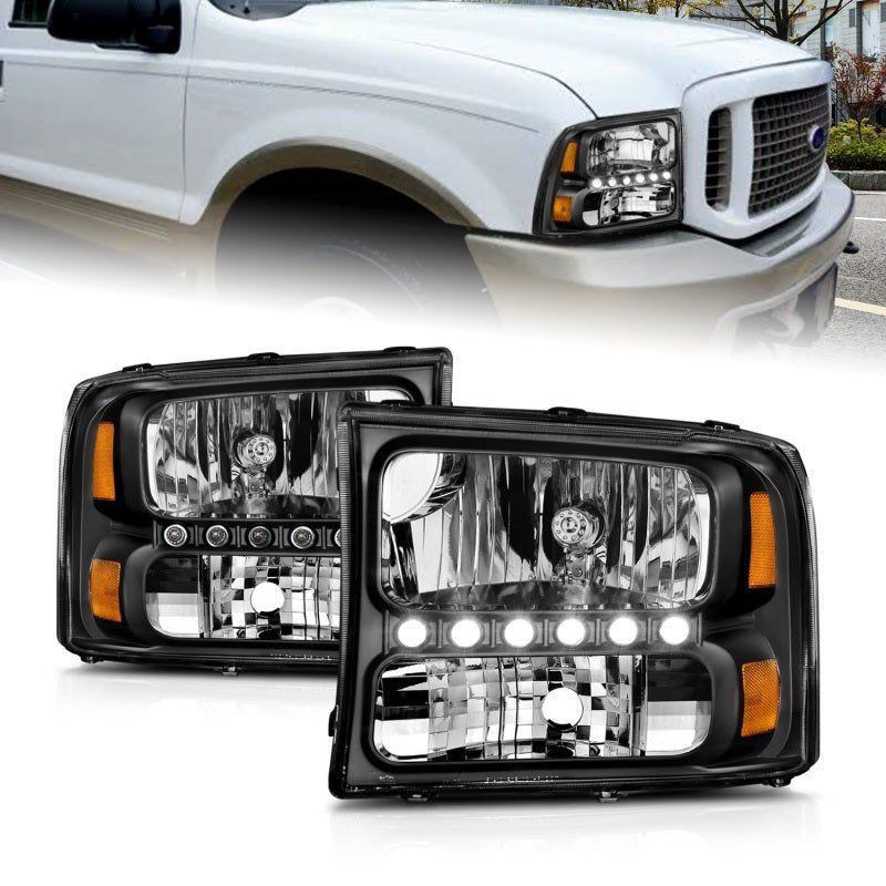 ANZO 2000 - 2004 Ford Excursion Crystal Headlights Black w/ LED 1pc - CPC Performance
