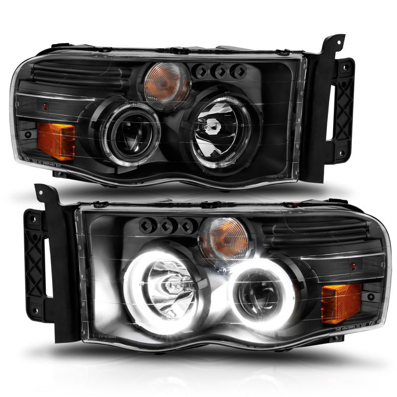 ANZO 2002 - 2005 Dodge Ram 1500 Projector Headlights w/ Halo Black Clear Amber - CPC Performance