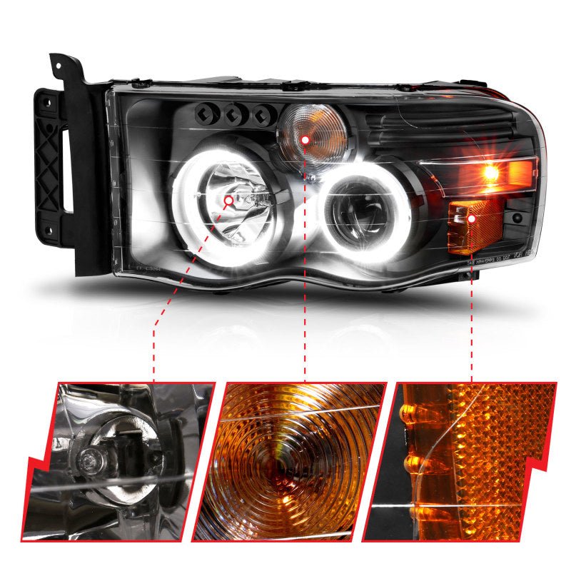 ANZO 2002 - 2005 Dodge Ram 1500 Projector Headlights w/ Halo Black Clear Amber - CPC Performance