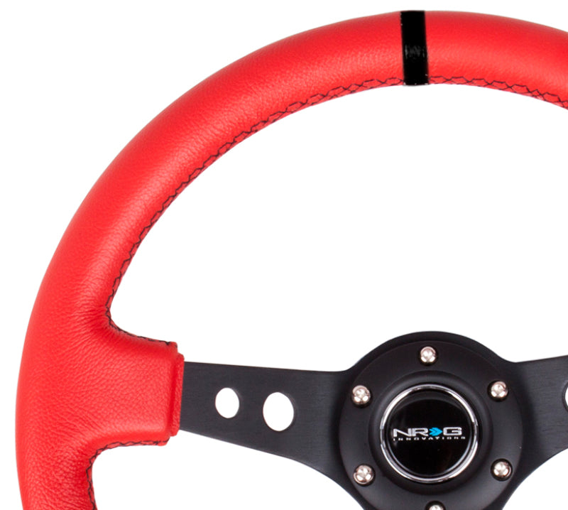 NRG Reinforced Steering Wheel (350mm / 3in. Deep) Red Suede w/Blk Circle Cutout Spokes