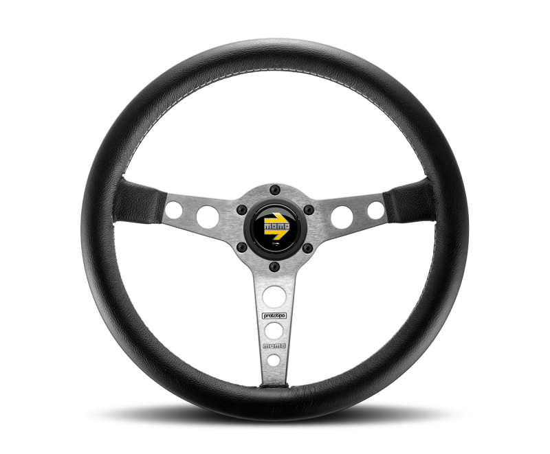 Momo Prototipo Steering Wheel 350 mm - Black Leather/Wht Stitch/Brshd Spokes