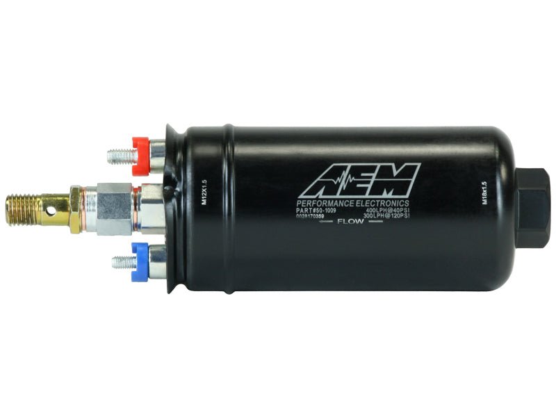 AEM 400LPH High Pressure Inline Fuel Pump - M18x1.5 Female Inlet to M12x1.5 Male Outlet - CPC Performance