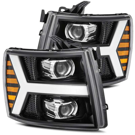 AlphaRex 07 - 13 Chevy 1500 LUXX LED Proj Headlights Plank Style Jet Blk w/ Activ Light/Seq Signal/DRL - CPC Performance