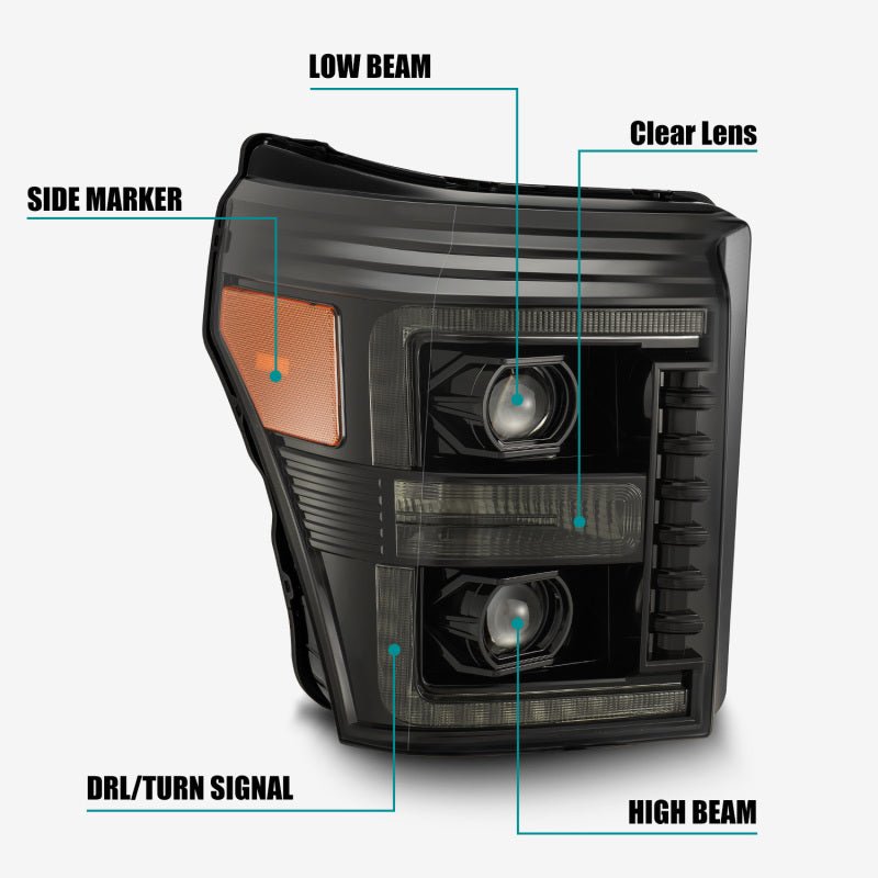 AlphaRex 11 - 16 Ford F - 350 SD LUXX LED Proj Headlights Plank Style Alpha Blk w/Activ Light/Seq Signal - CPC Performance