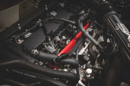AMS Performance 08 - 15 Mitsubishi EVO X CNC Machined Aluminum Fuel Rail w/Pulsation Dampener - Red - CPC Performance