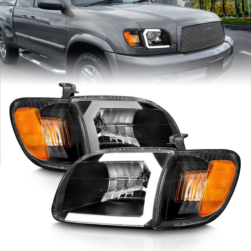 ANZO 00 - 04 Toyota Tundra (Fits Reg/Acc Cab Only) Crystal Headlights w/Light Bar Black w/Corner Light - CPC Performance