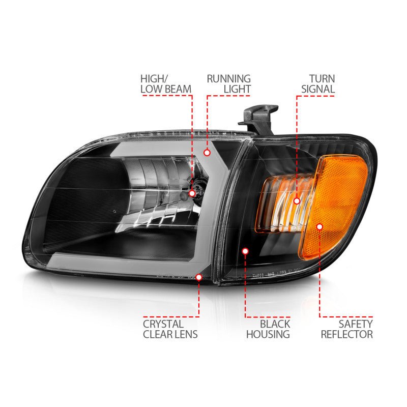 ANZO 00 - 04 Toyota Tundra (Fits Reg/Acc Cab Only) Crystal Headlights w/Light Bar Black w/Corner Light - CPC Performance