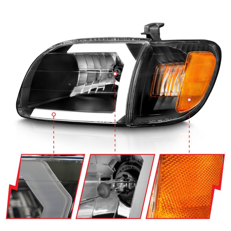 ANZO 00 - 04 Toyota Tundra (Fits Reg/Acc Cab Only) Crystal Headlights w/Light Bar Black w/Corner Light - CPC Performance