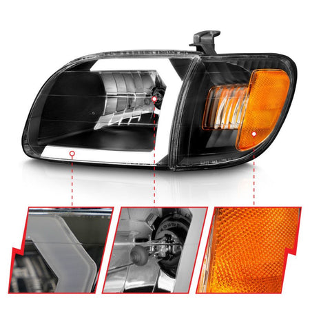 ANZO 00 - 04 Toyota Tundra (Fits Reg/Acc Cab Only) Crystal Headlights w/Light Bar Black w/Corner Light - CPC Performance