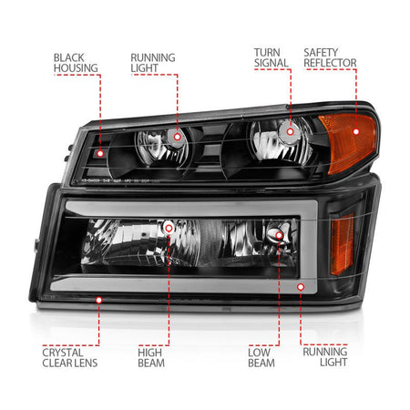 ANZO 04 - 12 GM Colorado/Canyon/I - Series Crystal Headlights - w/ Light Bar Black Housing 4pcs - CPC Performance