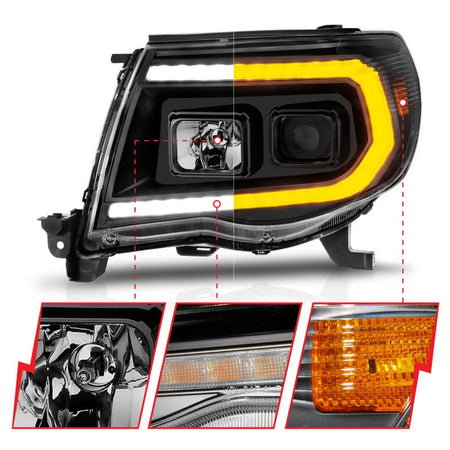 ANZO 05 - 11 Toyota Tacoma Projector Headlights w/Light Bar Switchback Black Housing - CPC Performance