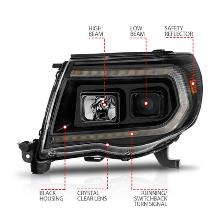 ANZO 05 - 11 Toyota Tacoma Projector Headlights w/Light Bar Switchback Black Housing - CPC Performance