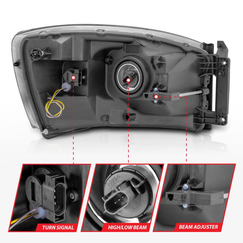 ANZO 06 - 09 Dodge RAM 1500/2500/3500 Headlights Black Housing/Clear Lens (w/ Light Bars) - CPC Performance
