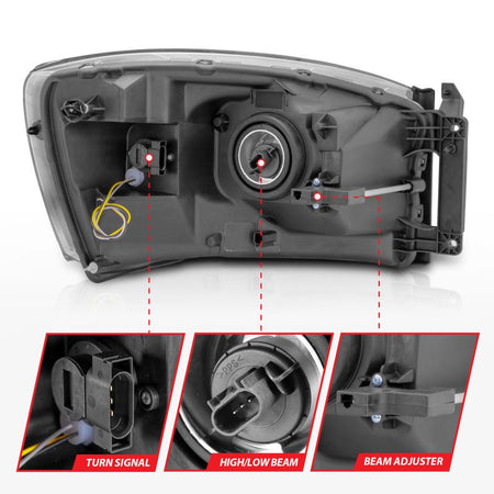 ANZO 06 - 09 Dodge RAM 1500/2500/3500 Headlights Black Housing/Clear Lens (w/ Light Bars) - CPC Performance