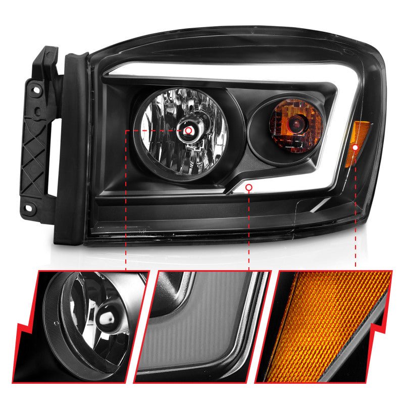 ANZO 06 - 09 Dodge RAM 1500/2500/3500 Headlights Black Housing/Clear Lens (w/ Light Bars) - CPC Performance