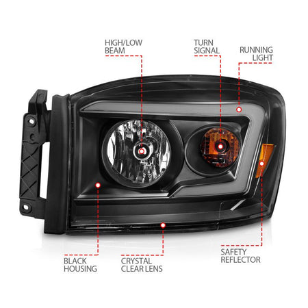 ANZO 06 - 09 Dodge RAM 1500/2500/3500 Headlights Black Housing/Clear Lens (w/ Light Bars) - CPC Performance