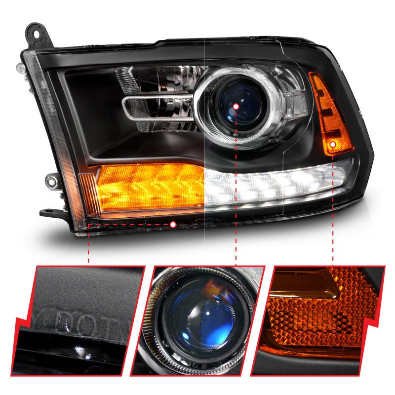 ANZO 09 - 18 Dodge Ram 1500/2500/3500 LED Plank Style Headlights Switchback + Sequential - Matte Black - CPC Performance