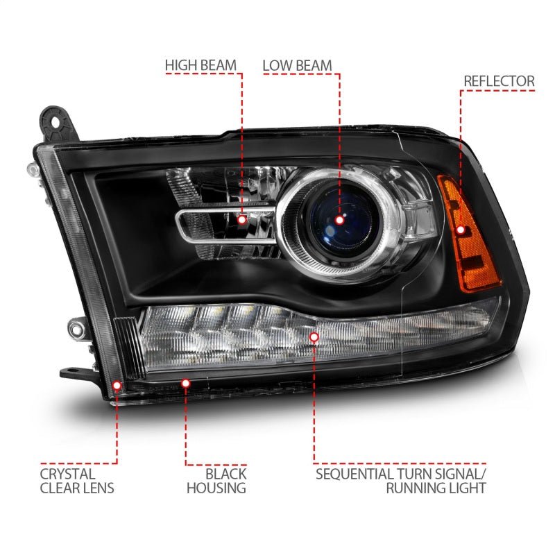 ANZO 09 - 18 Dodge Ram 1500/2500/3500 LED Plank Style Headlights Switchback + Sequential - Matte Black - CPC Performance