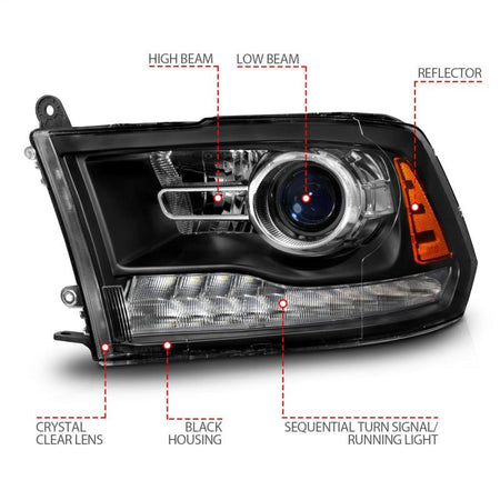 ANZO 09 - 18 Dodge Ram 1500/2500/3500 LED Plank Style Headlights Switchback + Sequential - Matte Black - CPC Performance