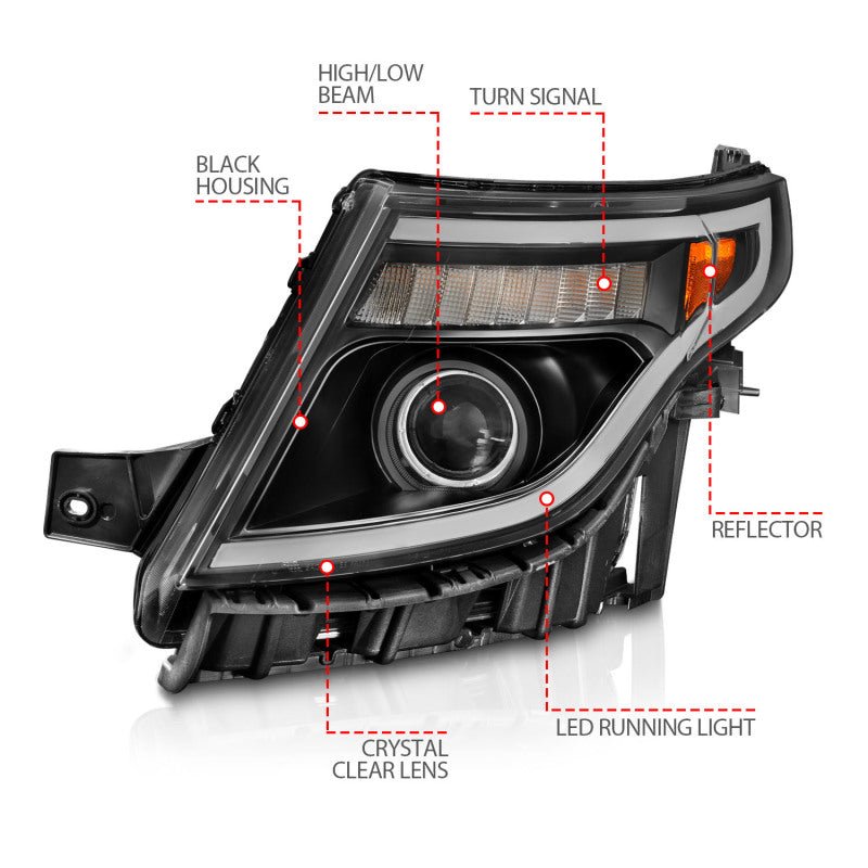 ANZO 11 - 15 Ford Explorer (w/Factory Halogen HL Only) Projector Headlights w/Light Bar Black Housing - CPC Performance