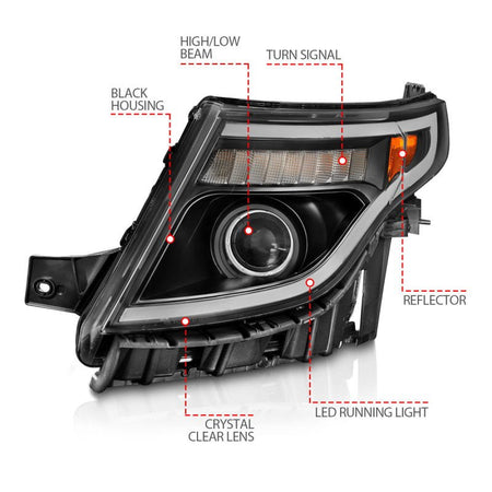 ANZO 11 - 15 Ford Explorer (w/Factory Halogen HL Only) Projector Headlights w/Light Bar Black Housing - CPC Performance