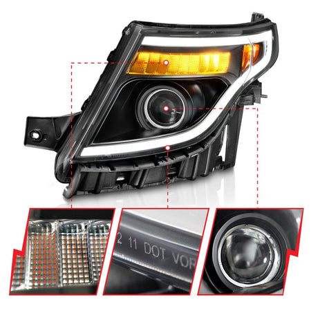 ANZO 11 - 15 Ford Explorer (w/Factory Halogen HL Only) Projector Headlights w/Light Bar Black Housing - CPC Performance