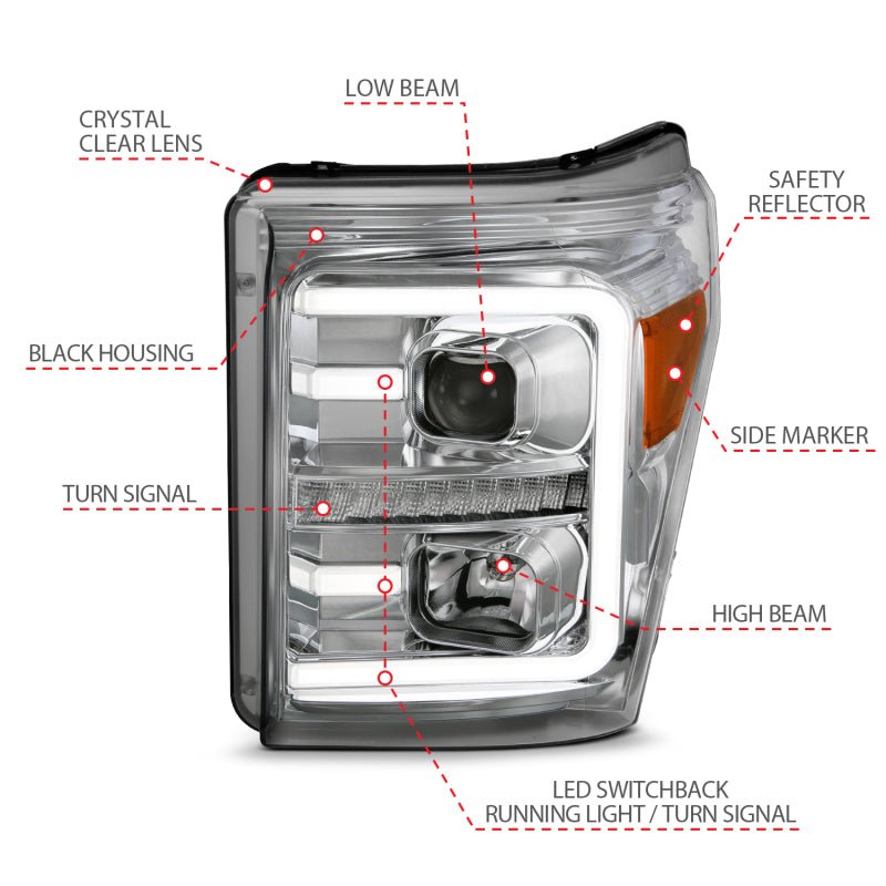 ANZO 11 - 16 Ford F - 250/F - 350/F - 450 Projector Headlights w/ Plank Style Switchback Chrome w/Amber - CPC Performance