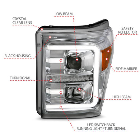 ANZO 11 - 16 Ford F - 250/F - 350/F - 450 Projector Headlights w/ Plank Style Switchback Chrome w/Amber - CPC Performance