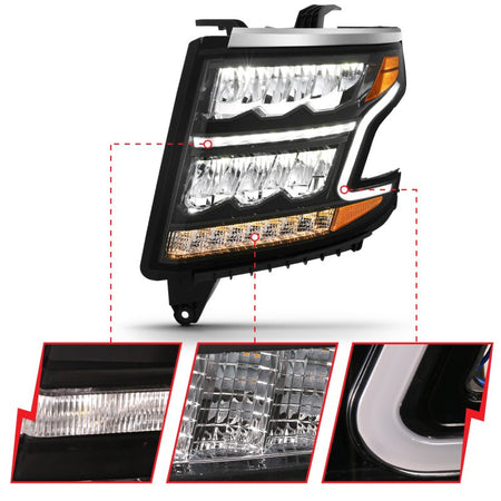 ANZO 15 - 20 Chevy Tahoe/Suburban LED Light Bar Style Headlights Black w/Sequential w/DRL w/Amber - CPC Performance