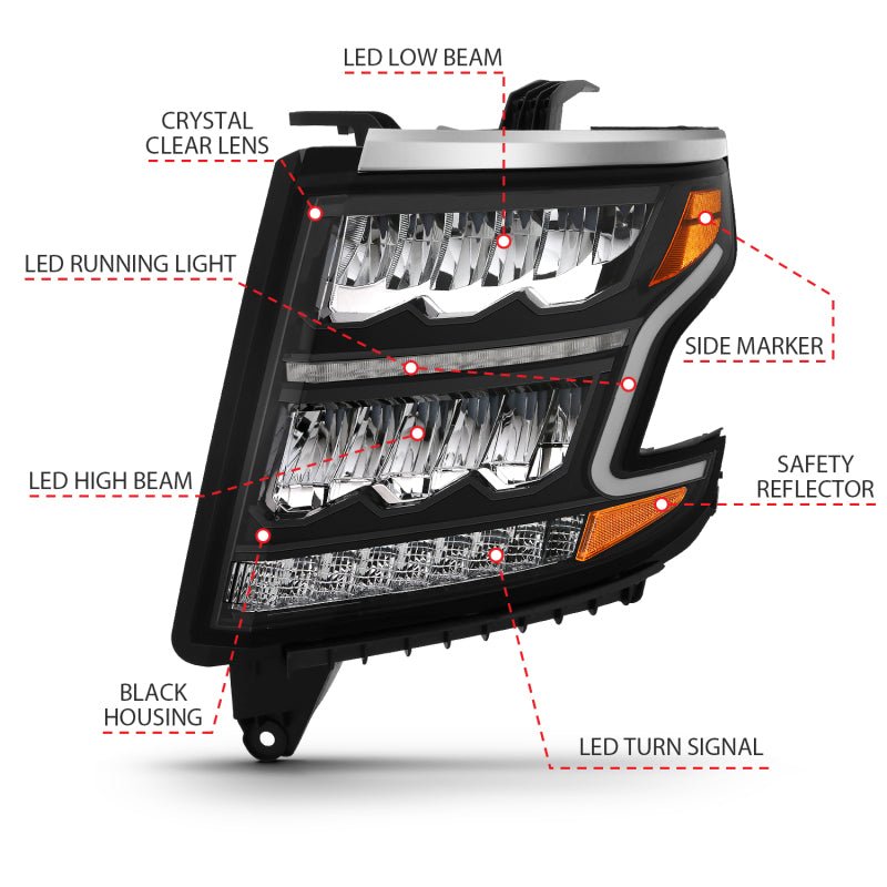 ANZO 15 - 20 Chevy Tahoe/Suburban LED Light Bar Style Headlights Black w/Sequential w/DRL w/Amber - CPC Performance