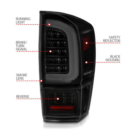 ANZO 16 - 21 Toyota Tacoma LED Tail Lights - w/ Light Bar Sequential Black Housing & Smoke Lens - CPC Performance