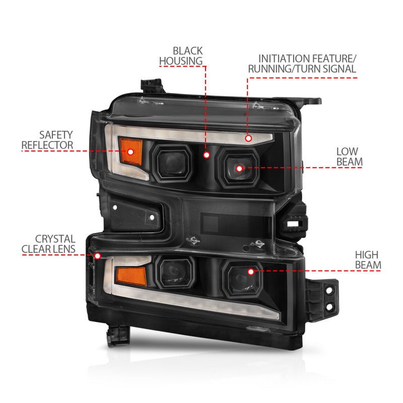ANZO 19 - 22 Chevrolet Silverado 1500 LED Proj HL w/Lgt Bar SwBk Seq. Blk w/In. Light - Passenger Side - CPC Performance