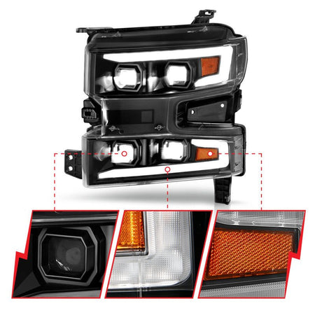 ANZO 19 - 22 Chevrolet Silverado 1500 LED Proj HL w/Lgt Bar SwBk Seq. Blk w/In. Light - Passenger Side - CPC Performance