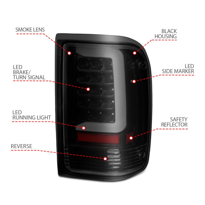 ANZO 1993 - 1997 Ford Ranger LED Tail Lights w/ Light Bar Black Housing Smoked Lens - CPC Performance