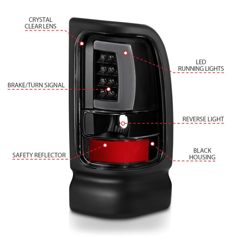 ANZO 1994 - 2001 Dodge Ram 1500 LED Taillights Plank Style Black w/Clear Lens - CPC Performance