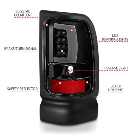 ANZO 1994 - 2001 Dodge Ram 1500 LED Taillights Plank Style Black w/Clear Lens - CPC Performance