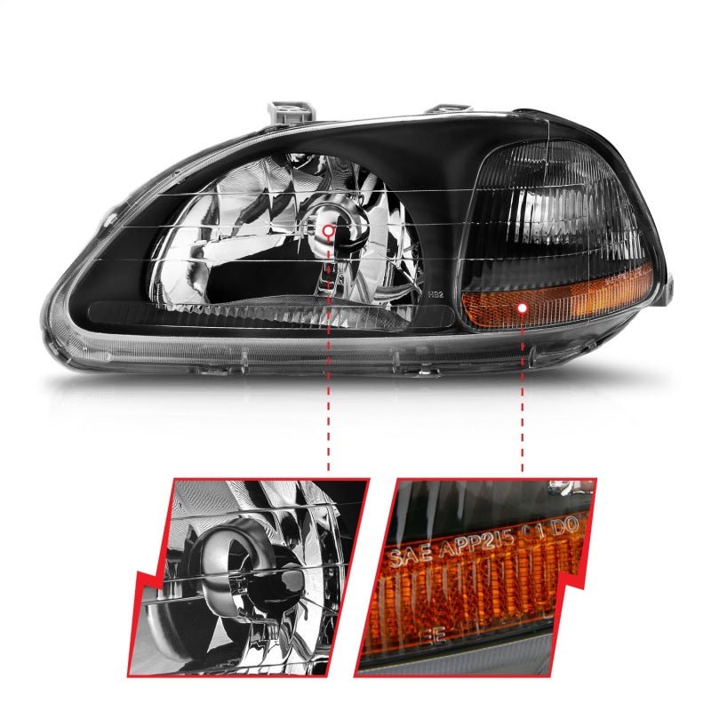 ANZO 1996 - 1998 Honda Civic Crystal Headlights Black - CPC Performance