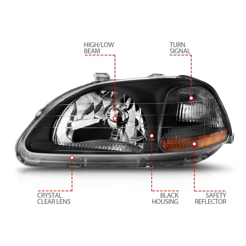 ANZO 1996 - 1998 Honda Civic Crystal Headlights Black - CPC Performance