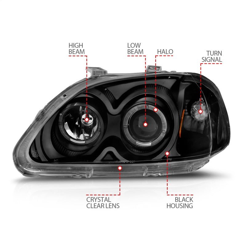 ANZO 1996 - 1998 Honda Civic Projector Headlights w/ Halo Black - CPC Performance