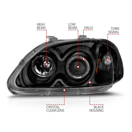 ANZO 1996 - 1998 Honda Civic Projector Headlights w/ Halo Black - CPC Performance