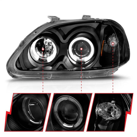 ANZO 1996 - 1998 Honda Civic Projector Headlights w/ Halo Black - CPC Performance