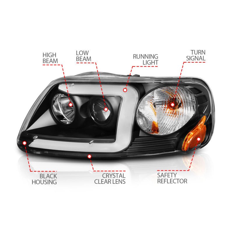 ANZO 1997 - 2003 Ford F - 150 Projector Headlights w/ Light Bar Black Housing - CPC Performance
