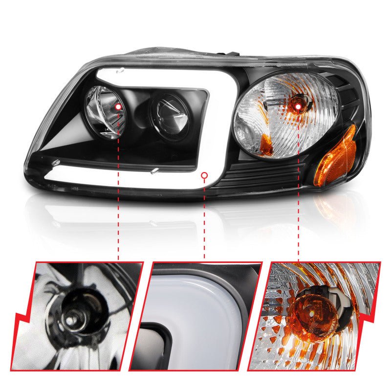 ANZO 1997 - 2003 Ford F - 150 Projector Headlights w/ Light Bar Black Housing - CPC Performance