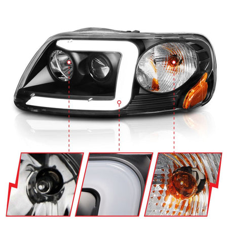 ANZO 1997 - 2003 Ford F - 150 Projector Headlights w/ Light Bar Black Housing - CPC Performance