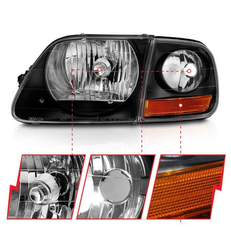 ANZO 1997 - 2003 Ford F150 Crystal Headlight Black w/ Parking Light - CPC Performance