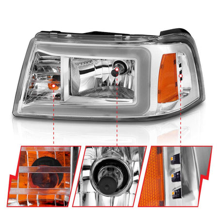 ANZO 2001 - 2011 Ford Ranger Crystal Headlights w/ Light Bar Chrome Housing - CPC Performance