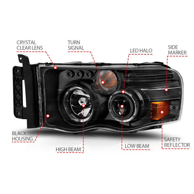 ANZO 2002 - 2005 Dodge Ram 1500 Projector Headlights w/ Halo Black Clear Amber - CPC Performance