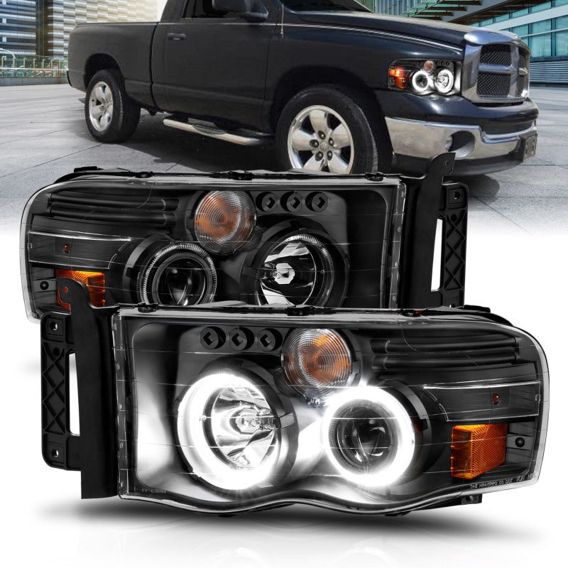 ANZO 2002 - 2005 Dodge Ram 1500 Projector Headlights w/ Halo Black Clear Amber - CPC Performance