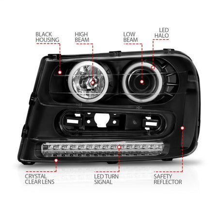 ANZO 2002 - 2009 Chevrolet Trailblazer Projector Headlights w/ Halo Black - CPC Performance